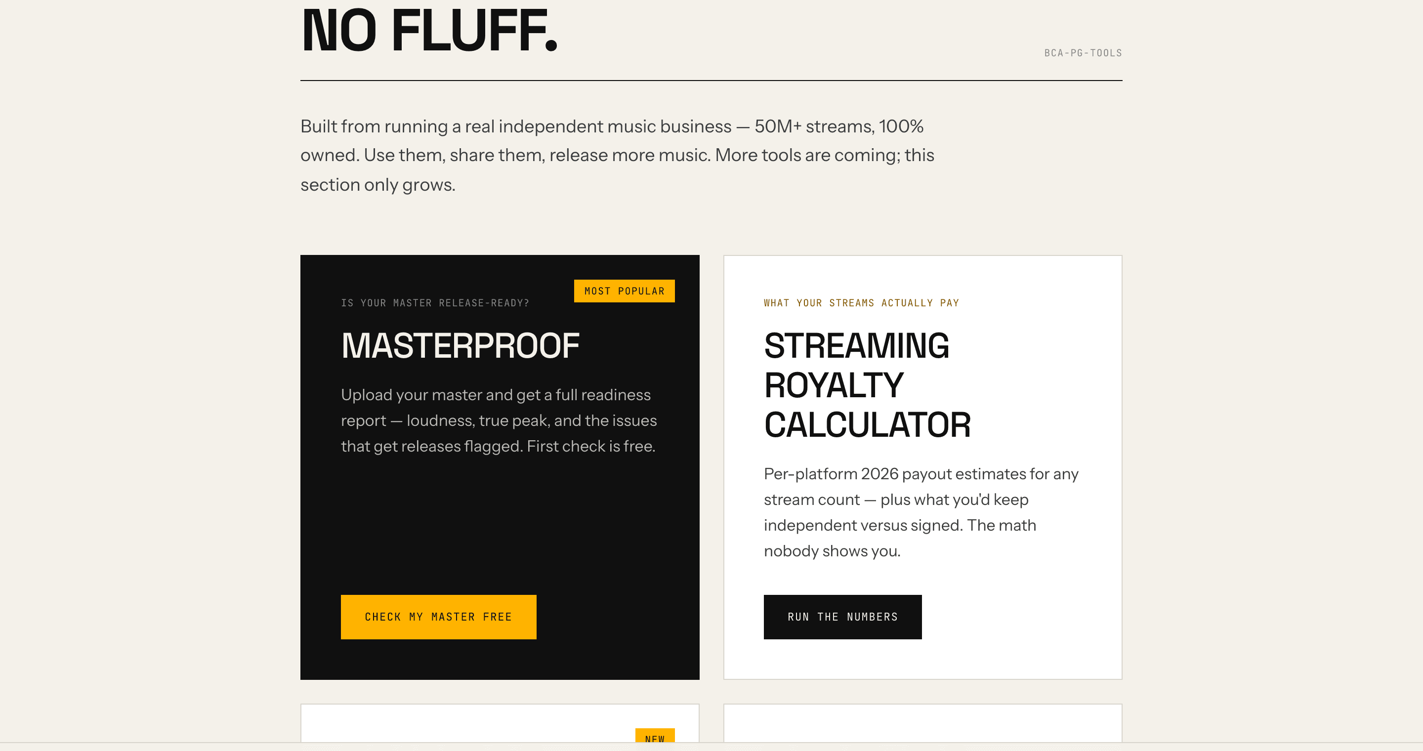 The Born Creative Audio free tools page, showing two of the free lead-magnet tools that feed the store, each with its own call to action.