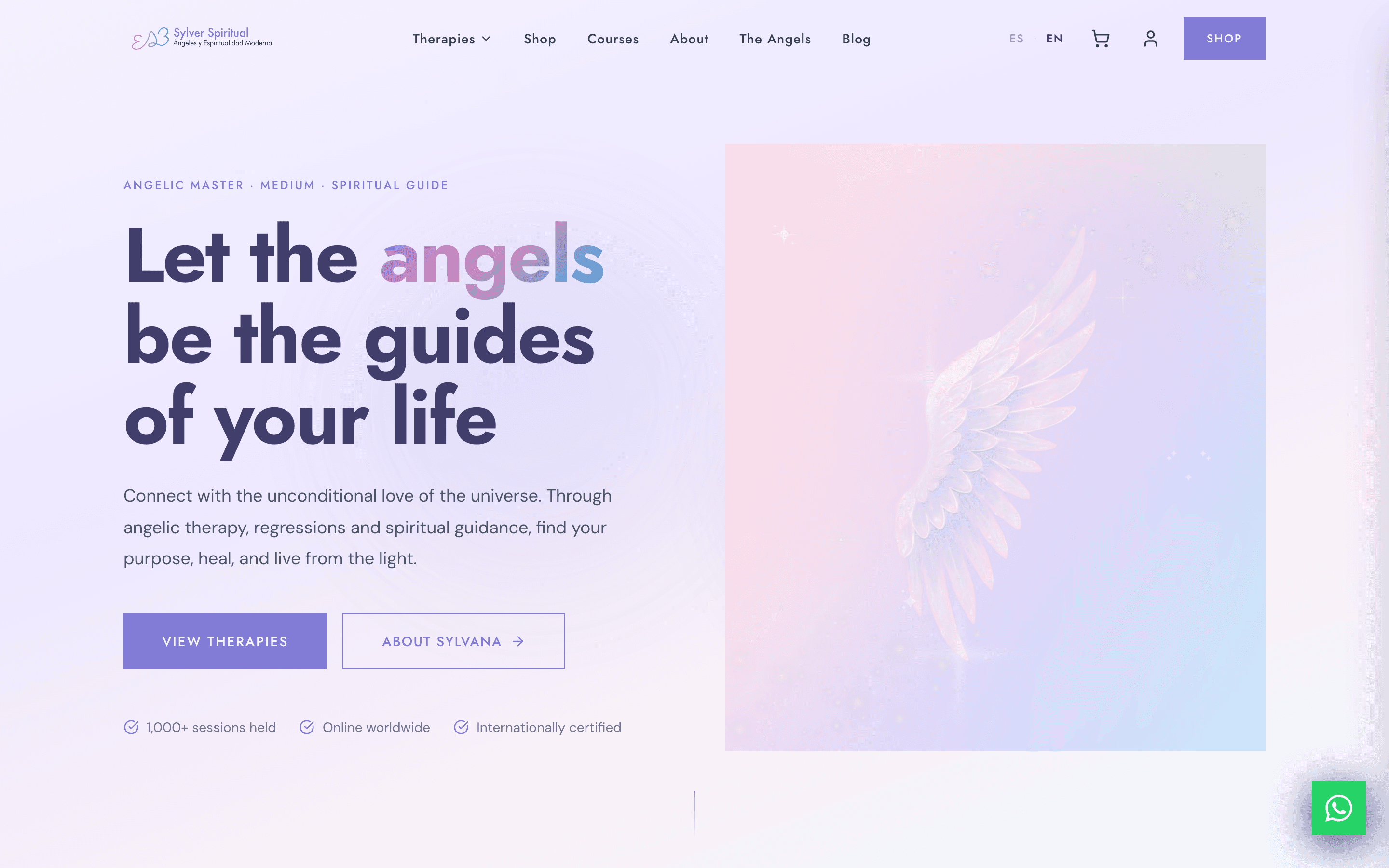 The Sylver Spiritual home page, showing a bilingual navigation with a Spanish and English toggle, a cart, a client account link, and a line reading 1,000+ sessions held.